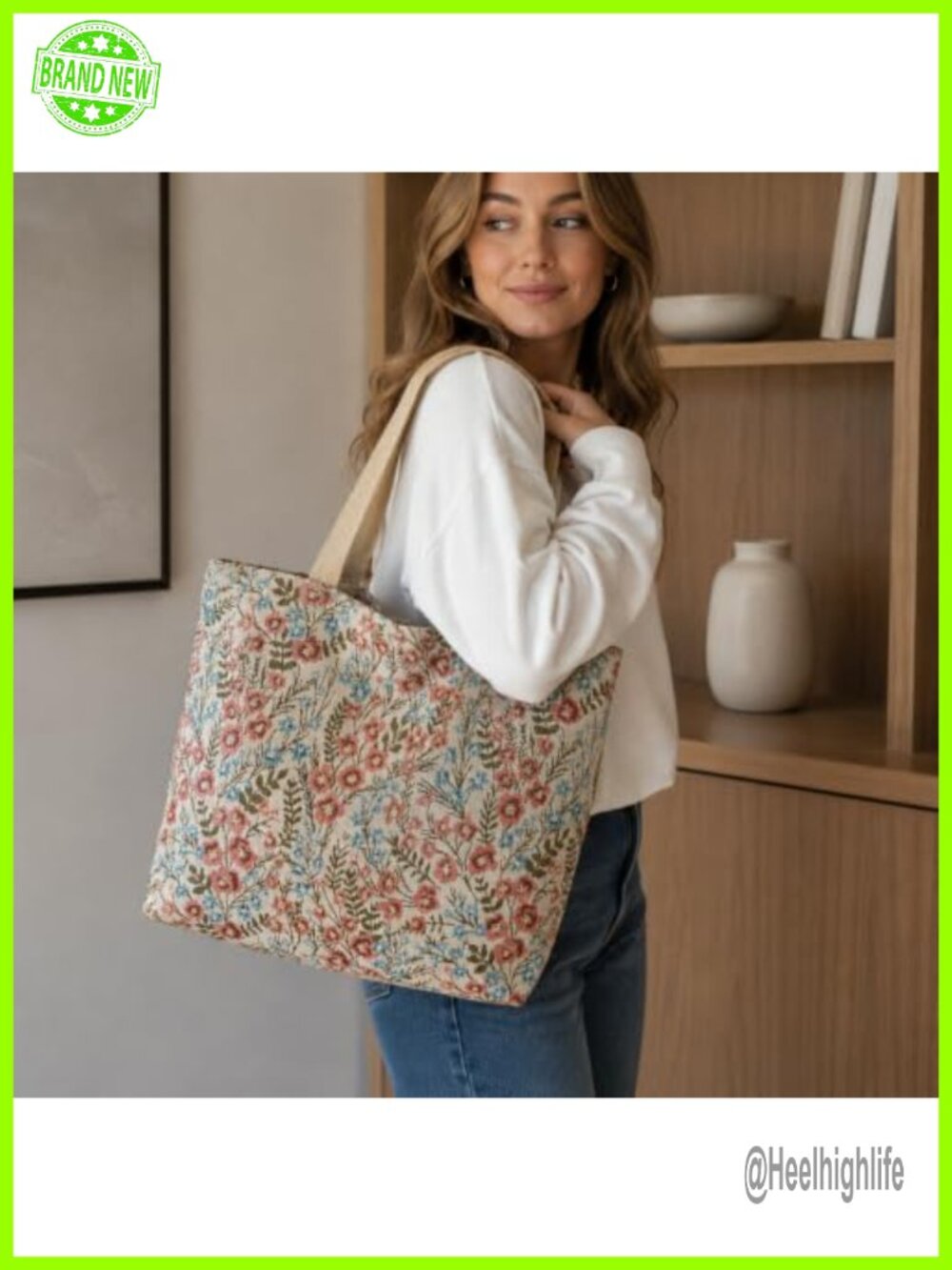 Vintage Floral Canvas Tote Bag Large Casual Shoulder Bag with Soft Strap Zipper